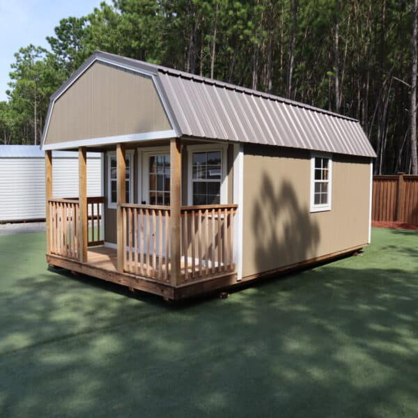 OutdoorOptions Eatonton Georgia 31024 12x20 BeigeGray LoftedCabin 1 scaled Storage For Your Life Outdoor Options Sheds