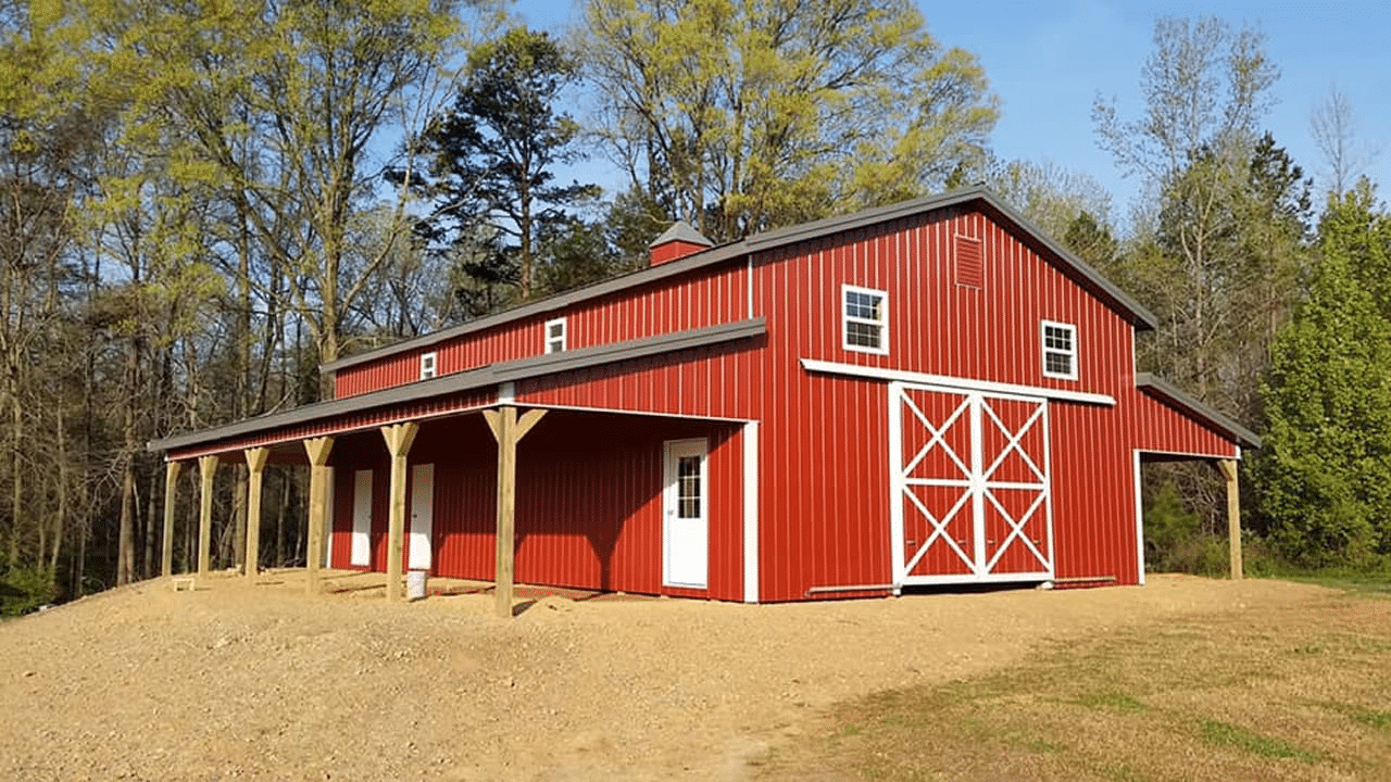 red metal barn against a blue sky. The barn features a large sliding door, a pitched roof with two smaller windows on either side of the door.