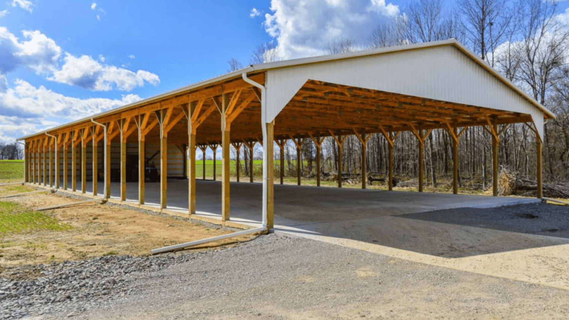  pole barn, steel roof, white aluminum siding, outdoor, backyard, storage, workshop, durable, long-lasting, weather-resistant, classic design.