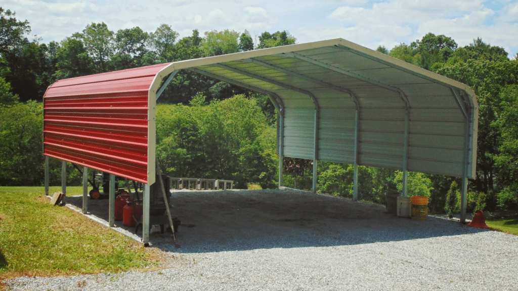 steel carport, red aluminum roof, red aluminum siding, outdoor, backyard, car storage, durable, long-lasting, weather-resistant, modern design