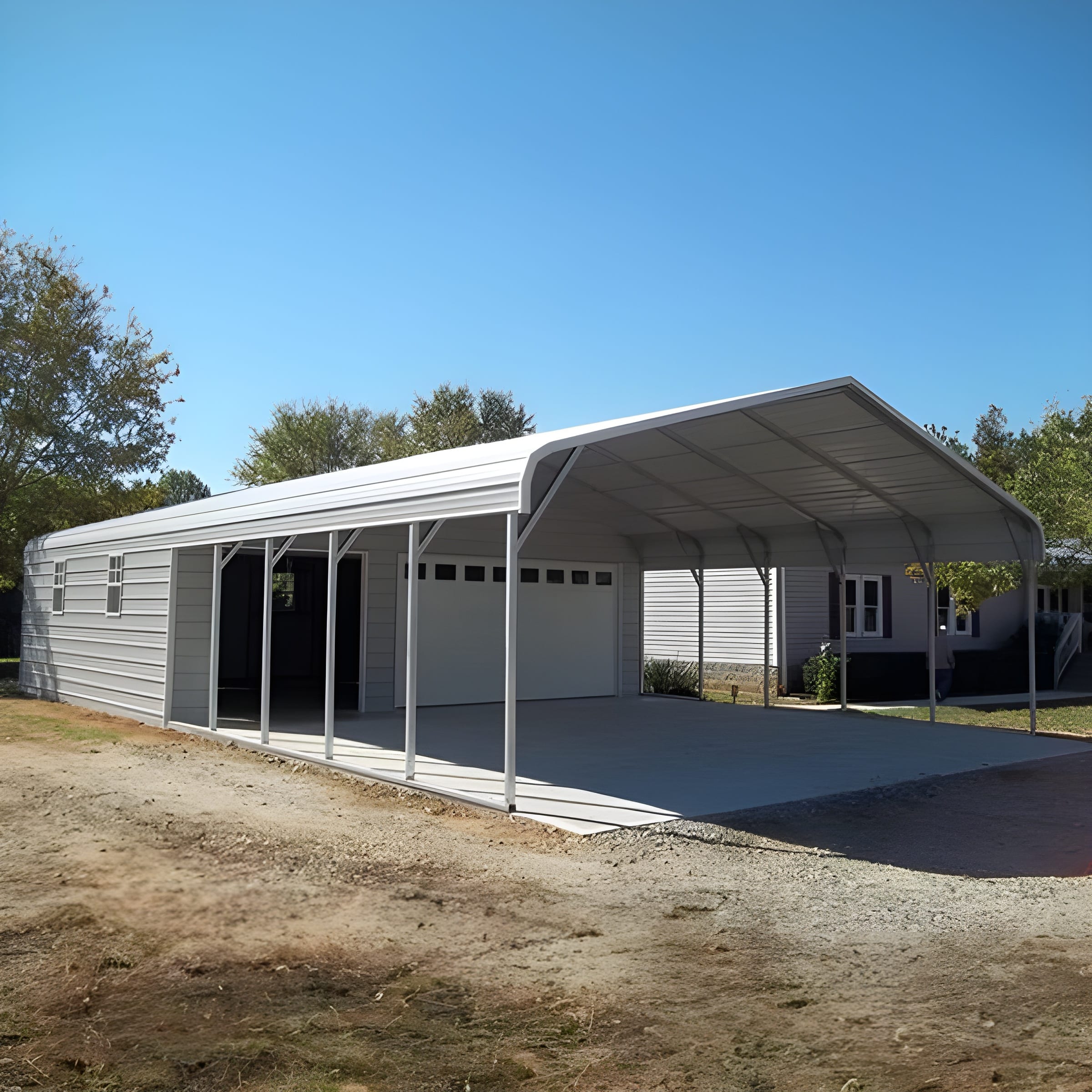 A selection of metal buildings including carports, combo units, and garages offered by Outdoor Options.