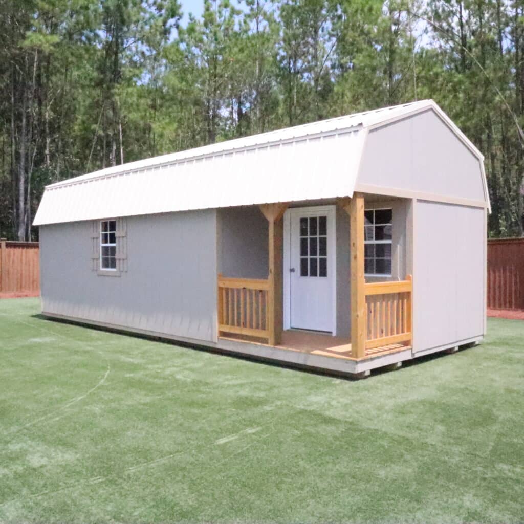 OutdoorOptions Eatonton Georgia 31024 12x28 Gray LoftedCornerPorchCabin 4 Storage For Your Life Outdoor Options