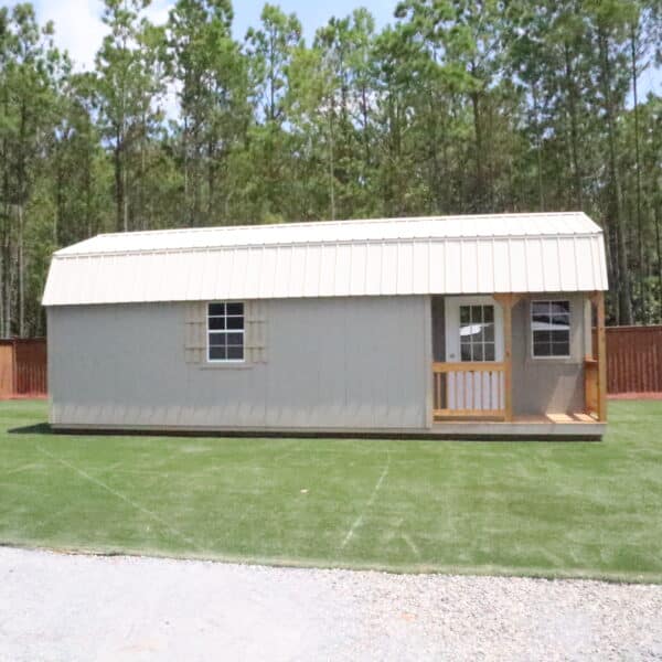 OutdoorOptions Eatonton Georgia 31024 12x28 Gray LoftedCornerPorchCabin 5 scaled Storage For Your Life Outdoor Options Sheds