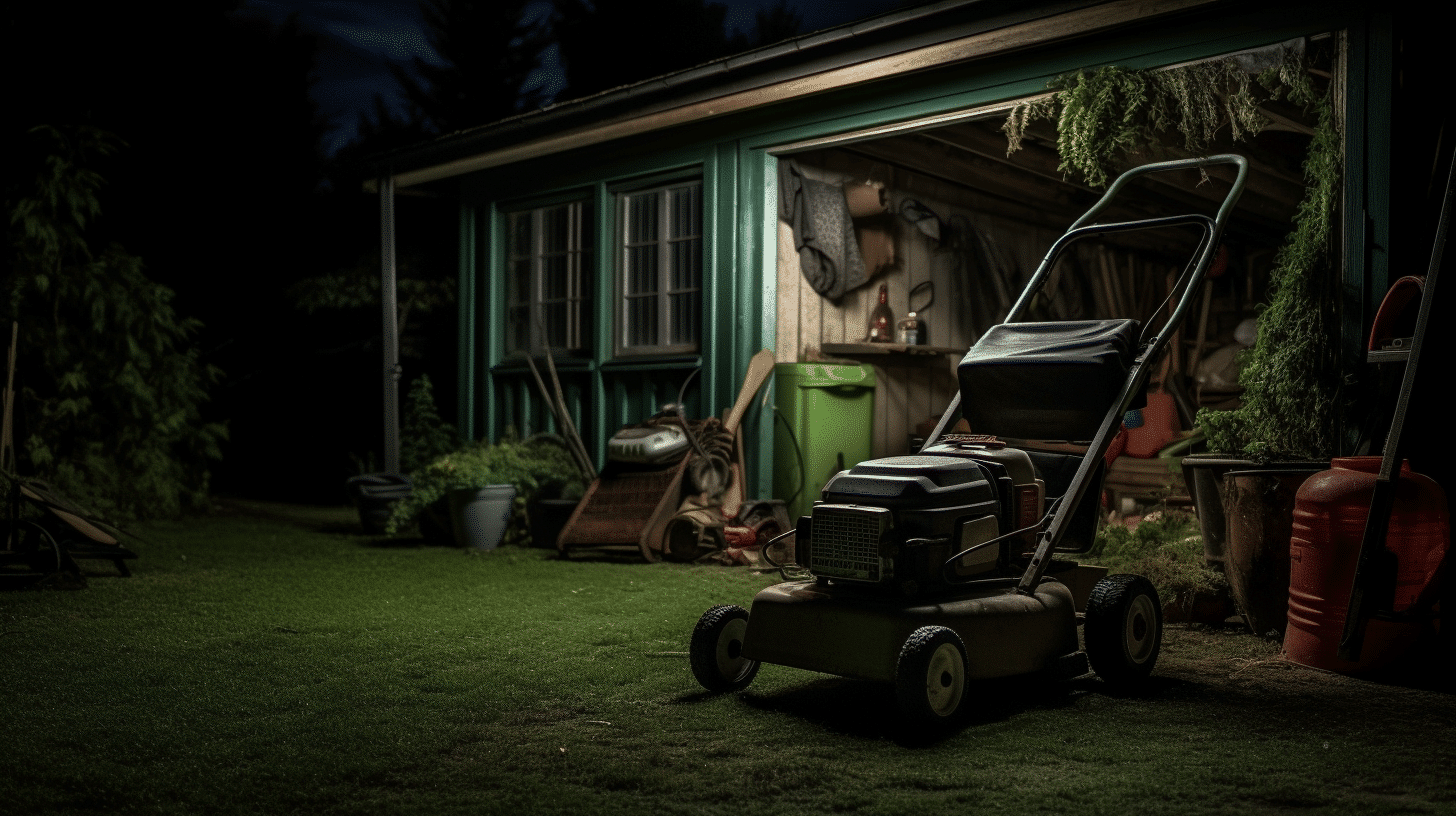 a shed holding a lawnmower, bike and supplies,